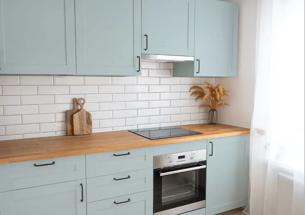 Benjamin Moore Silvery Blue kitchen cabinets