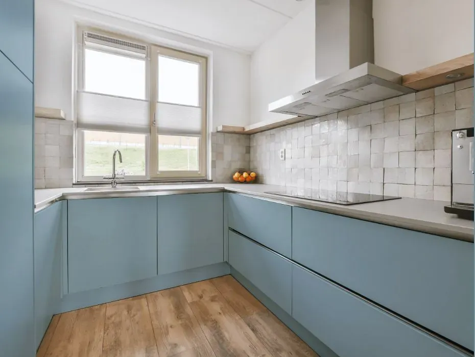 Benjamin Moore Slate Blue small kitchen cabinets