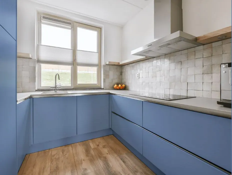 Benjamin Moore Steel Blue small kitchen cabinets