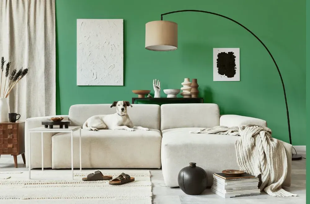 Benjamin Moore Stokes Forest Green cozy living room
