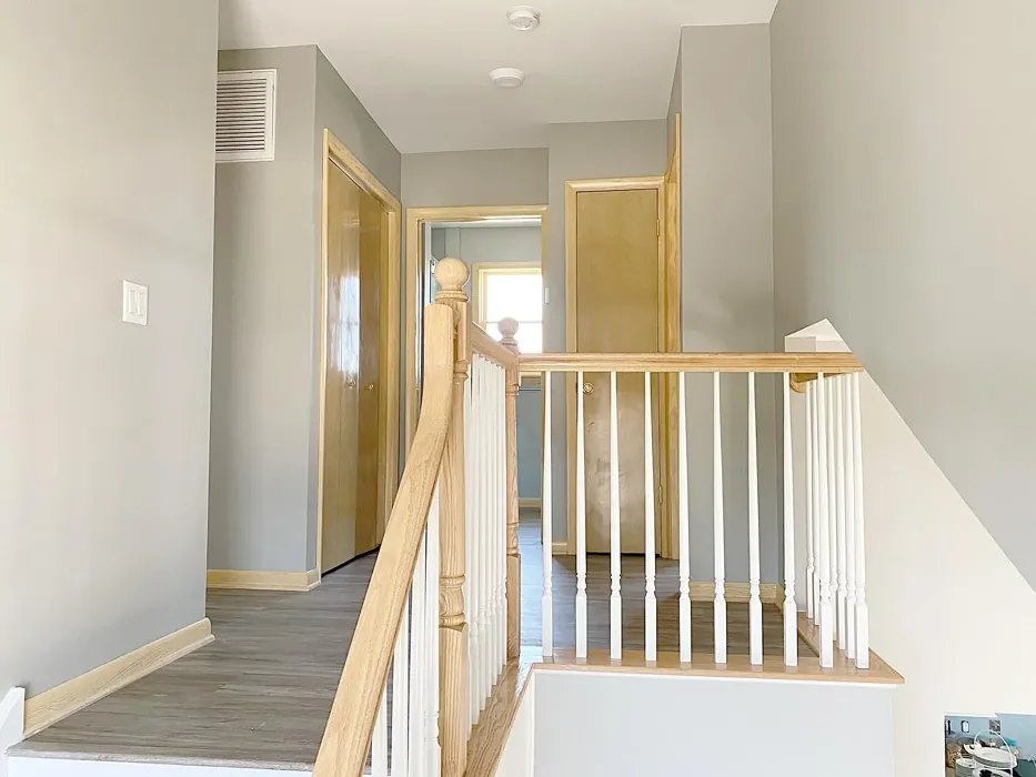 Benjamin Moore Stonington Gray hallway interior