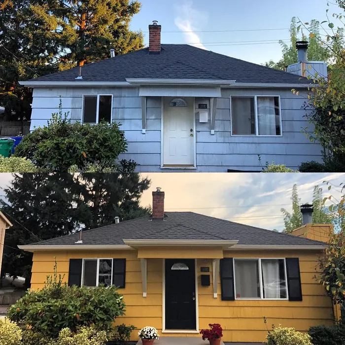 Benjamin Moore Stuart Gold house exterior makeover