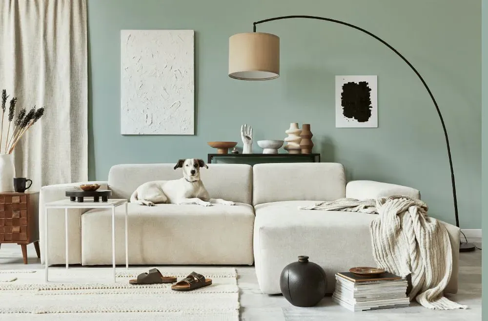 Benjamin Moore Sylvan Mist cozy living room