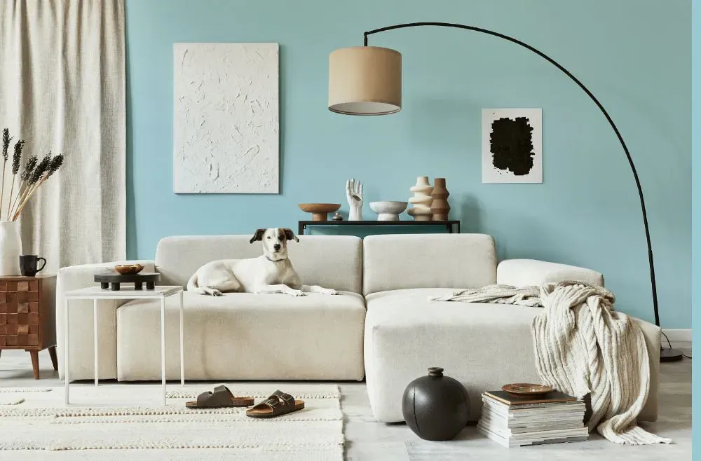 Benjamin Moore Tear Drop Blue cozy living room