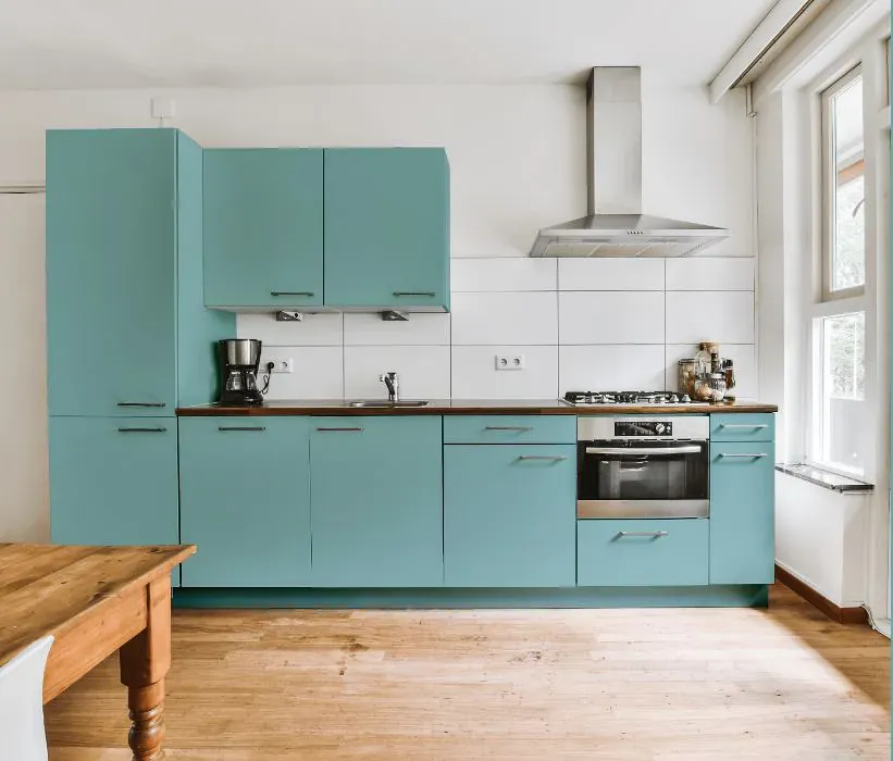 Benjamin Moore Tranquil Blue kitchen cabinets