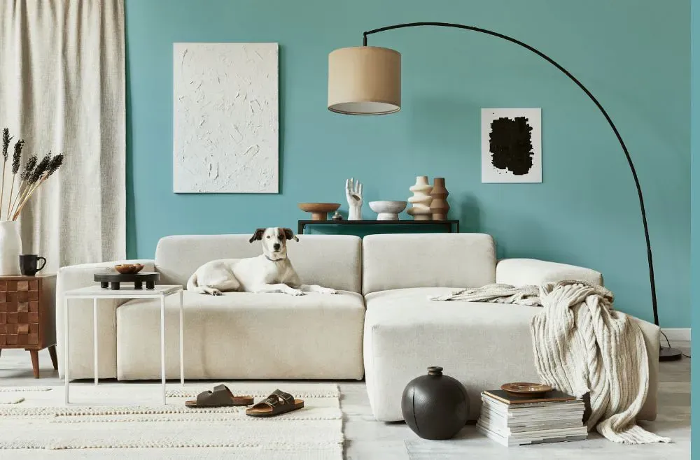 Benjamin Moore Tranquil Blue cozy living room