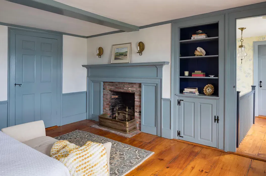 Benjamin Moore Van Courtland Blue HC-145 living room fireplace