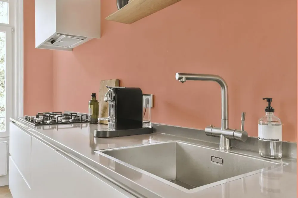 Benjamin Moore Vivid Peach kitchen painted backsplash