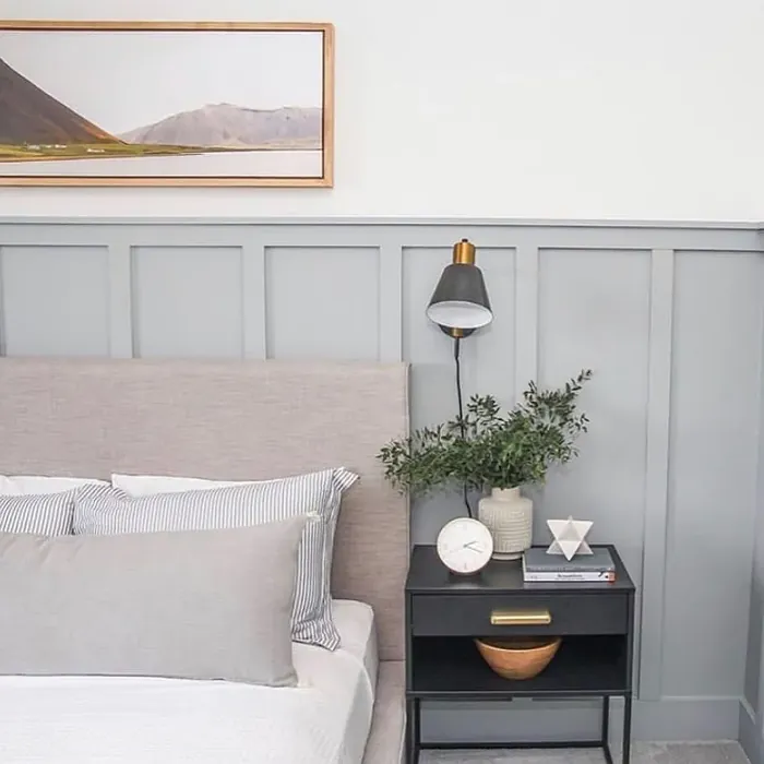 Benjamin Moore Wales Gray bedroom wall panelling