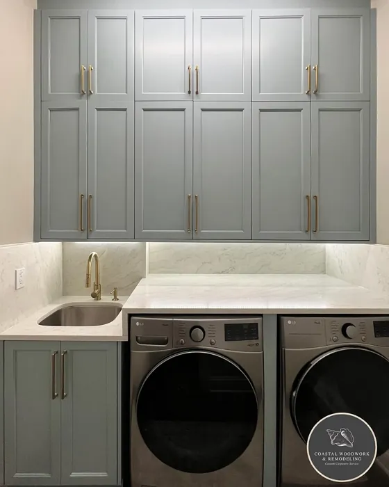 Sherwin Williams Breezy painted cabinets 