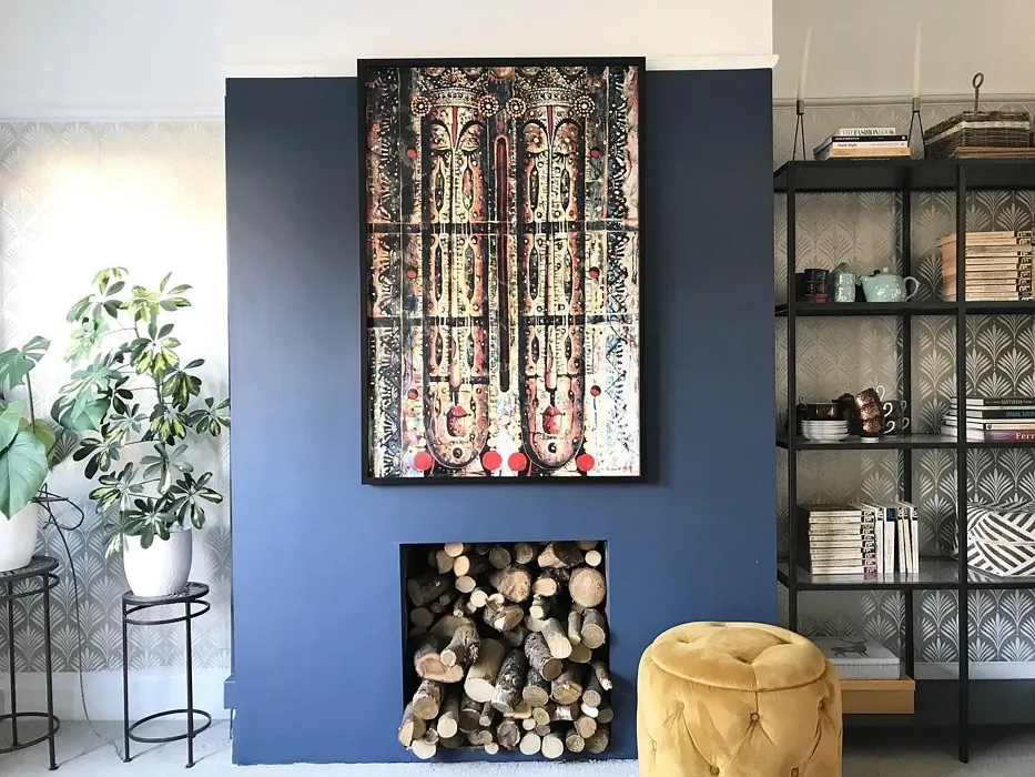 Dulux Breton Blue bohemian living room fireplace 