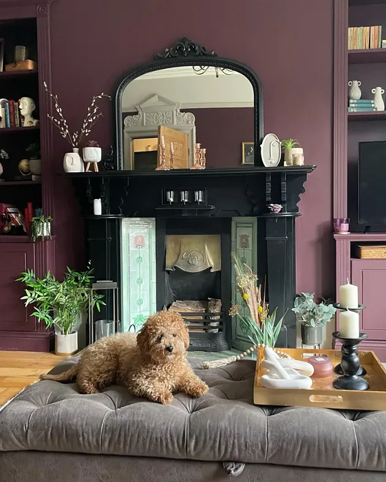 Farrow and Ball Brinjal 222 living room fireplace