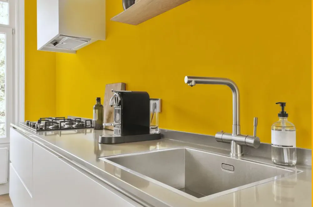 Sherwin Williams Confident Yellow kitchen painted backsplash