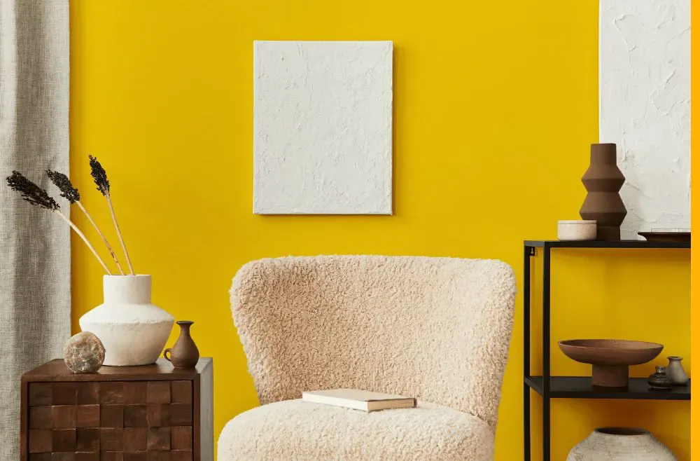 Sherwin Williams Confident Yellow living room interior