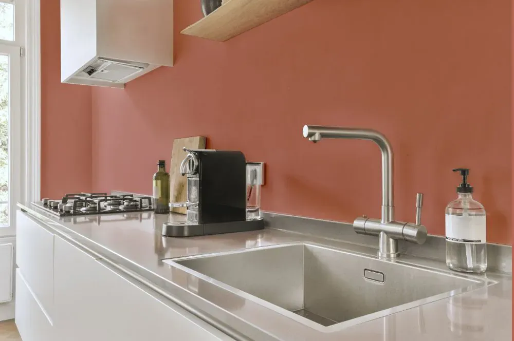 Sherwin Williams Constant Coral kitchen painted backsplash