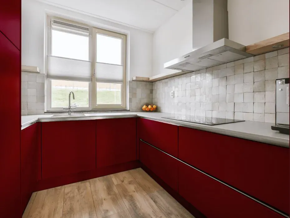 Sherwin Williams Crimson Red small kitchen cabinets