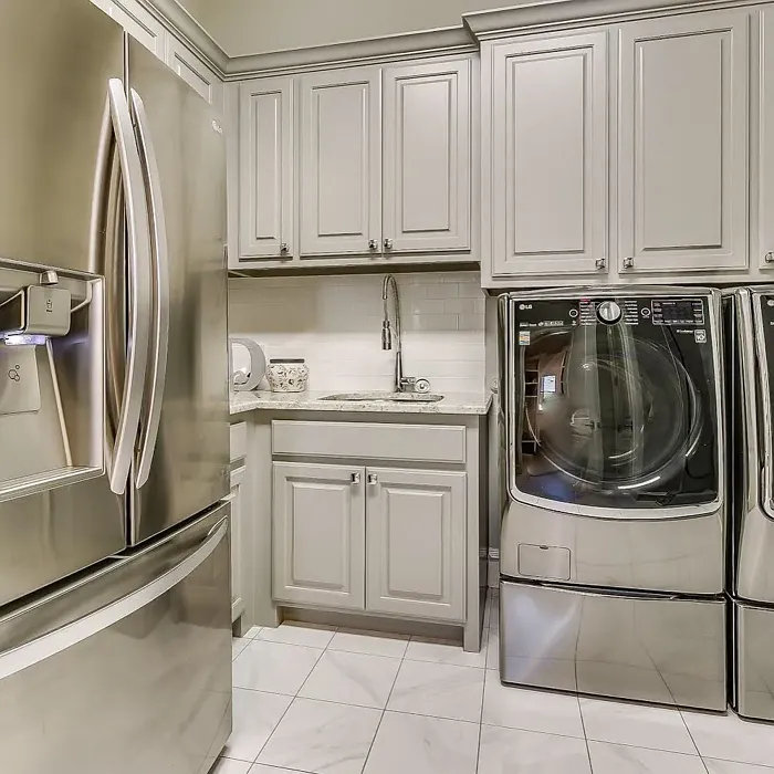 SW Dorian Gray laundry room cabinets