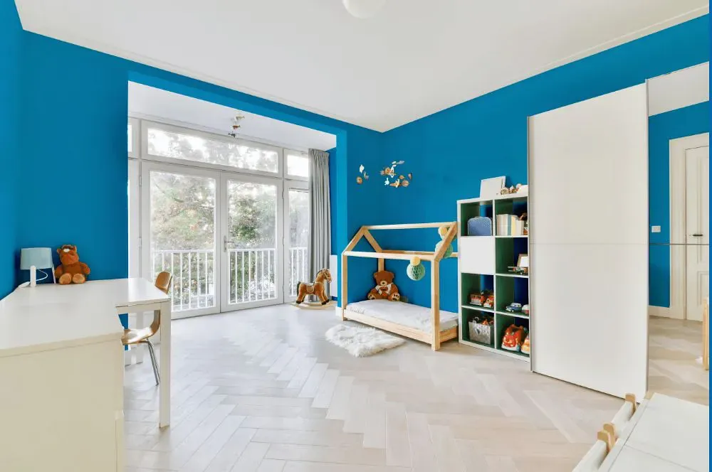 Sherwin Williams Dynamic Blue kidsroom interior, children's room