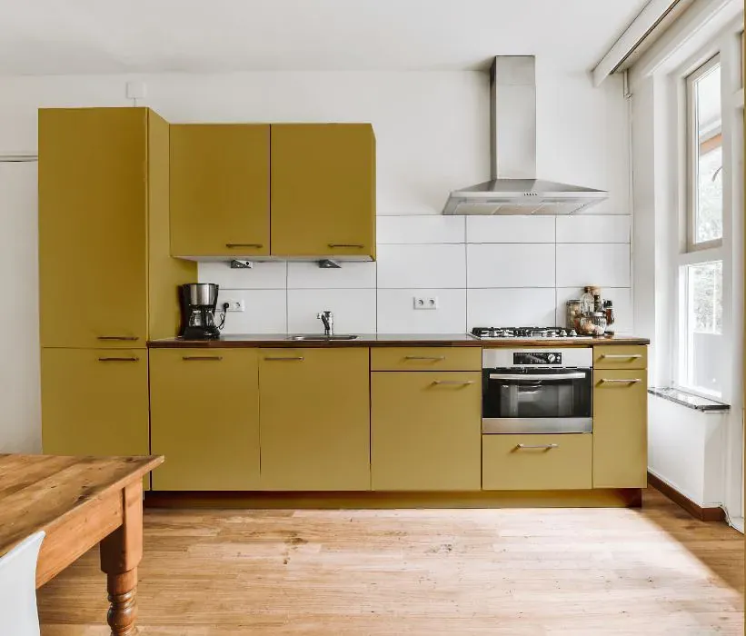 Sherwin Williams Escapade Gold kitchen cabinets