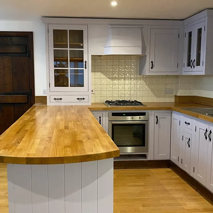 Farrow and Ball Calluna kitchen cabinets 