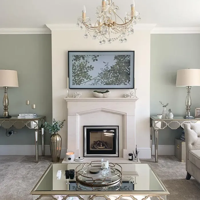 Farrow and Ball Mizzle living room fireplace color review