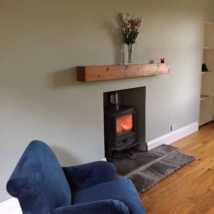 Farrow and Ball Mizzle living room fireplace interior
