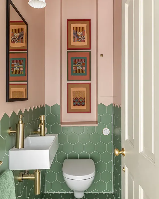 Farrow and Ball Pink Ground 202 bathroom with hexagon tiles