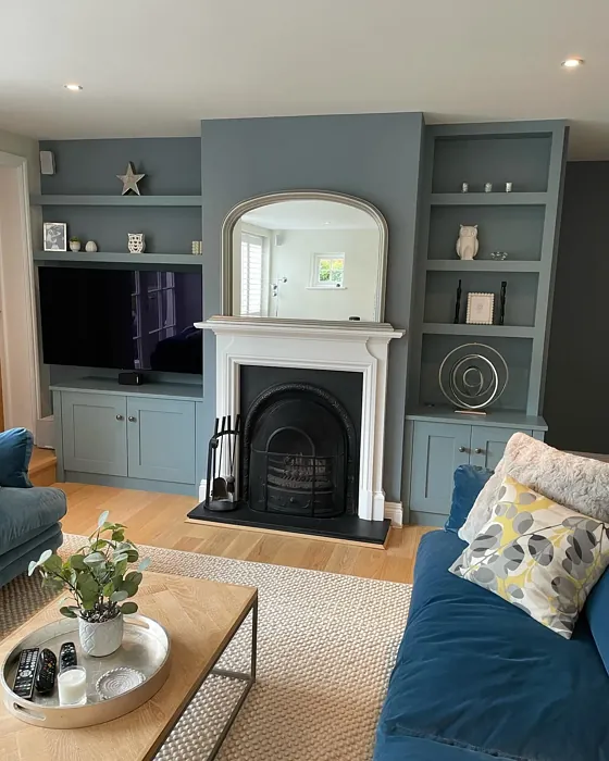 Farrow and Ball Selvedge living room fireplace color