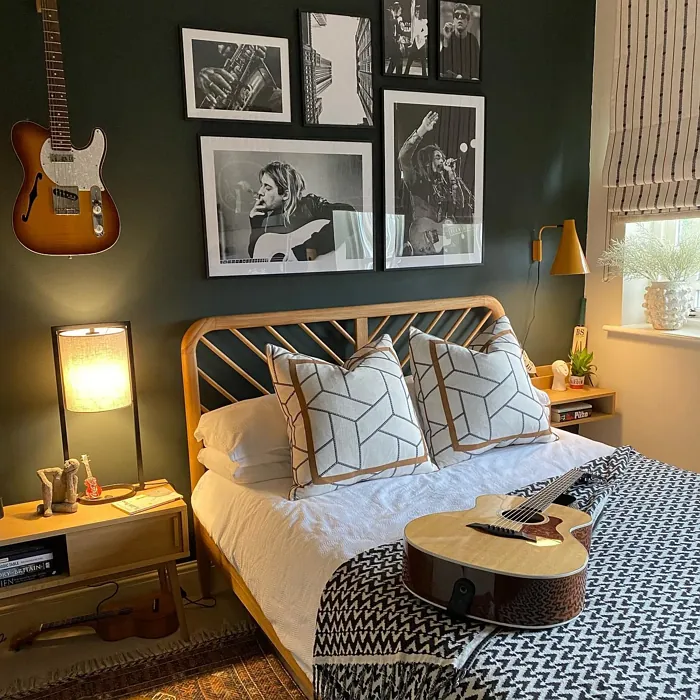 Farrow and Ball Studio Green cozy bedroom interior