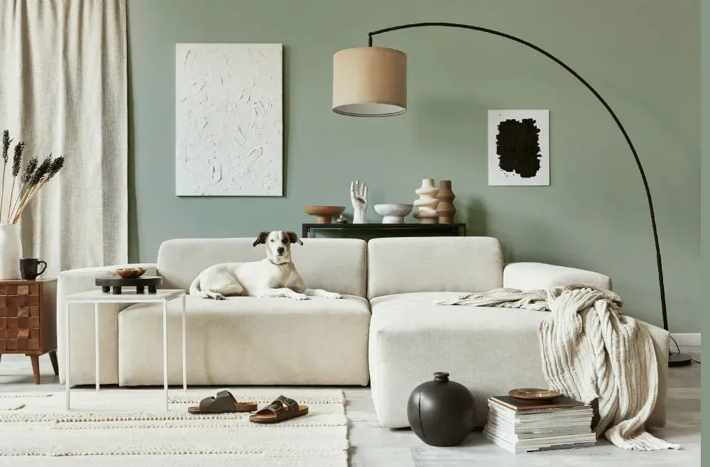 Sherwin Williams Forever Green cozy living room