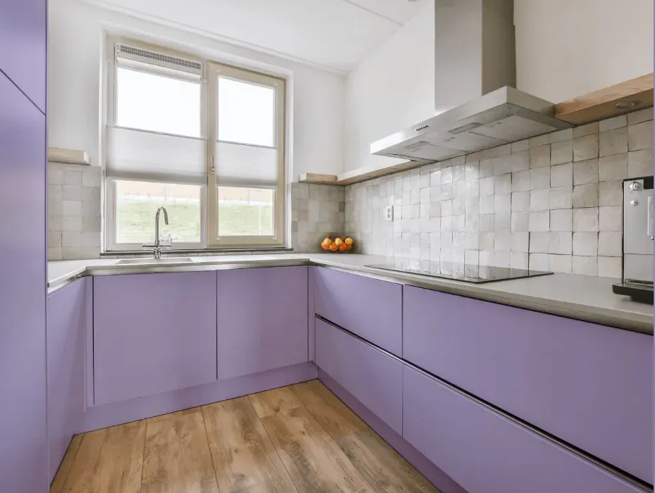 Sherwin Williams Forever Lilac small kitchen cabinets