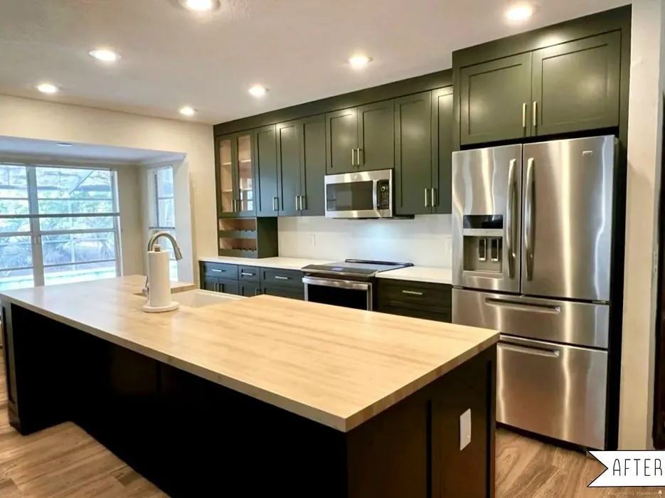 Sherwin Williams Foxhall Green kitchen cabinets 
