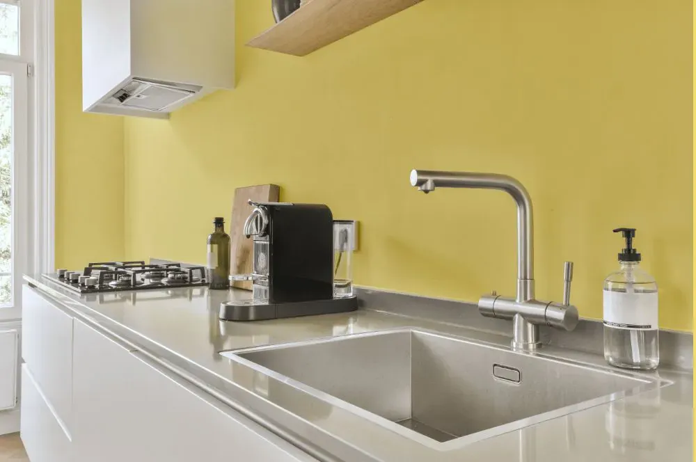 Sherwin Williams Fun Yellow kitchen painted backsplash