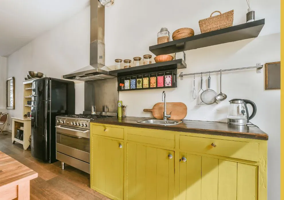 Sherwin Williams Funky Yellow kitchen cabinets