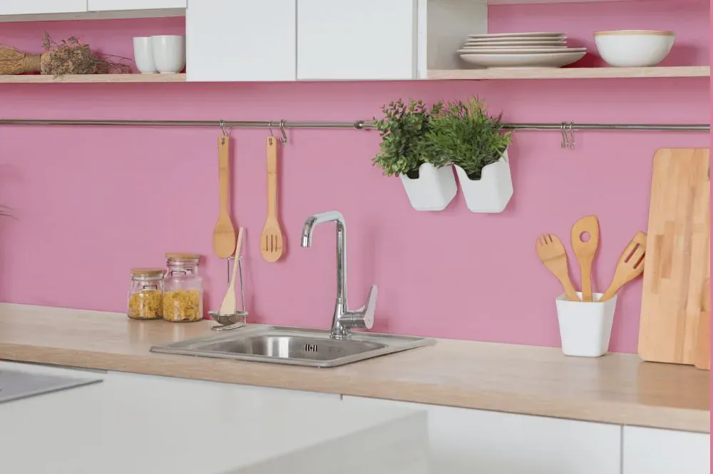 Sherwin Williams Fussy Pink kitchen backsplash