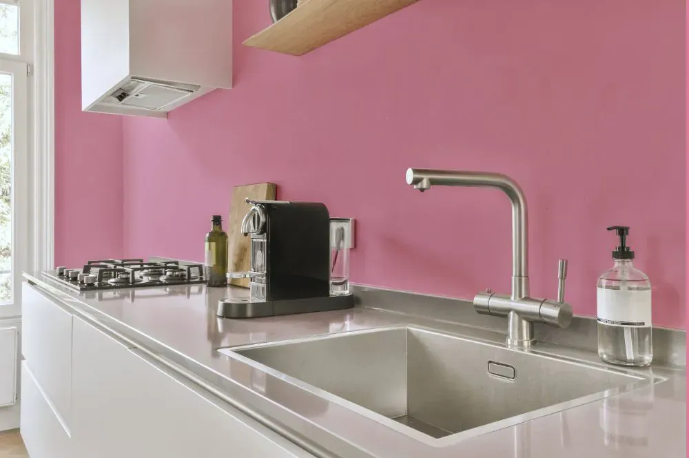 Sherwin Williams Fussy Pink kitchen painted backsplash