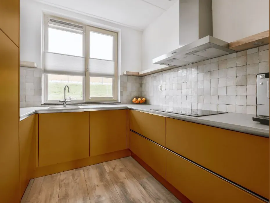 Sherwin Williams Gallant Gold small kitchen cabinets