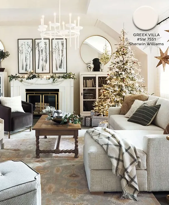 Sherwin Williams Greek Villa living room fireplace review