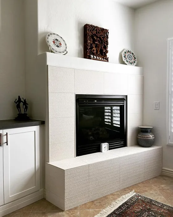 Sherwin Williams Greek Villa living room fireplace review