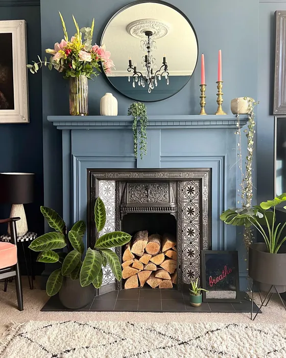 Little Greene Hicks' Blue 208 living room fireplace