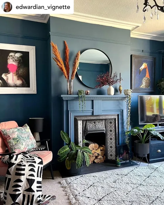 Little Greene Hicks' Blue 208 living room fireplace