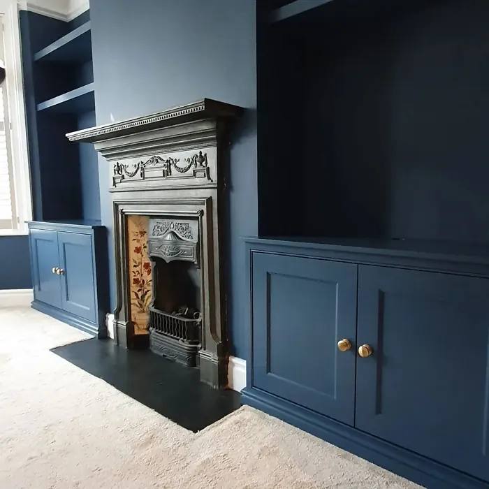 Little Greene Hicks' Blue 208 living room fireplace