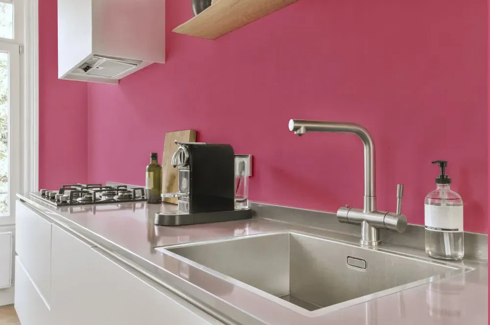 Sherwin Williams Impatient Pink kitchen painted backsplash