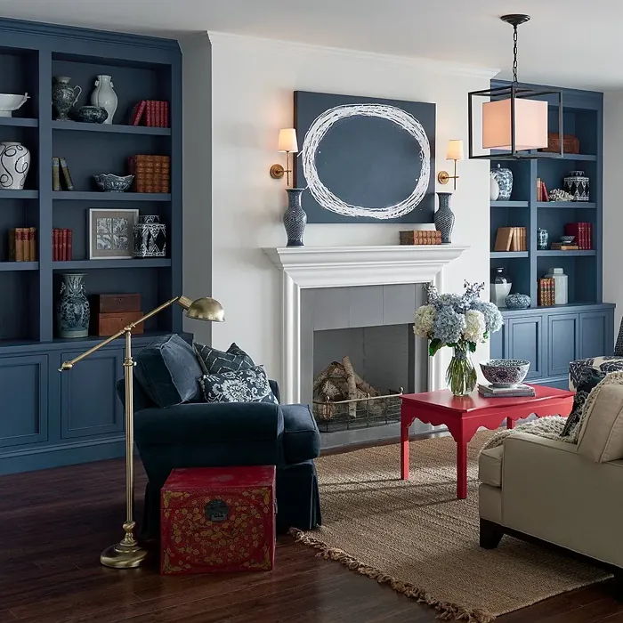 Sherwin Williams Indigo Batik living room fireplace color review
