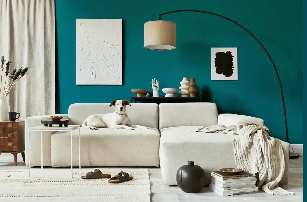 Sherwin Williams Intense Teal cozy living room