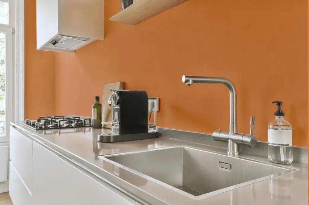 Sherwin Williams Inventive Orange kitchen painted backsplash