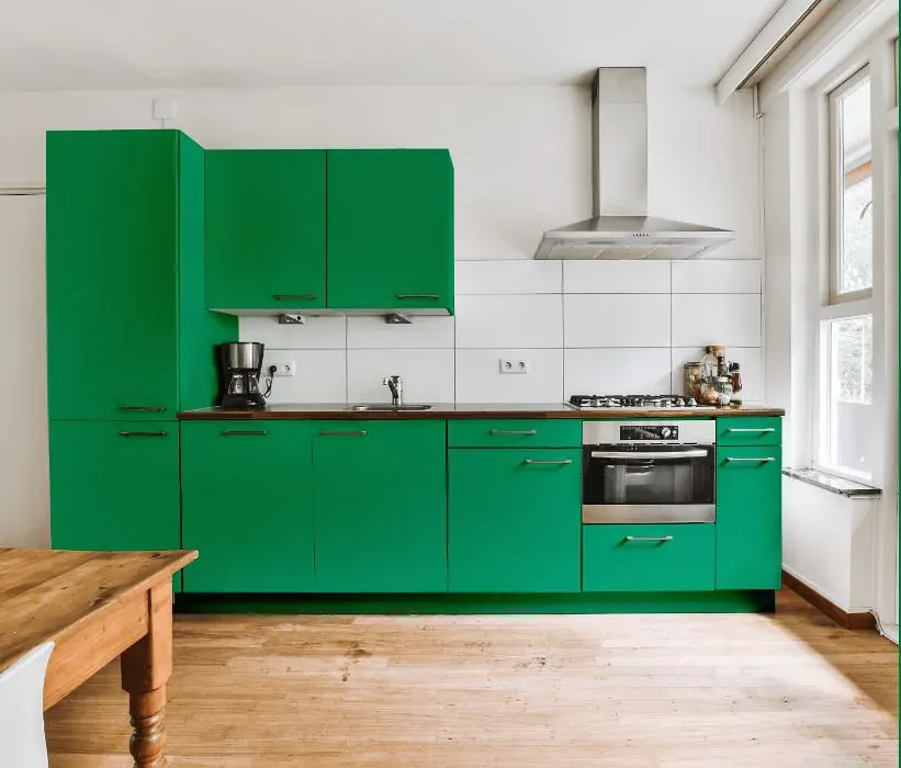 Sherwin Williams Jitterbug Jade kitchen cabinets