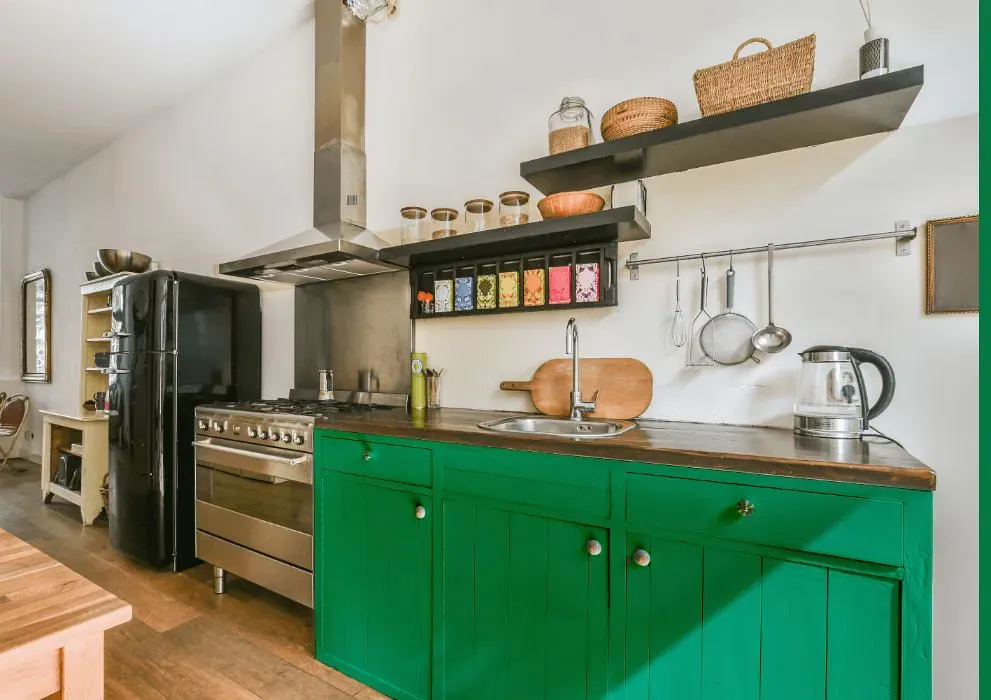 Sherwin Williams Jitterbug Jade kitchen cabinets