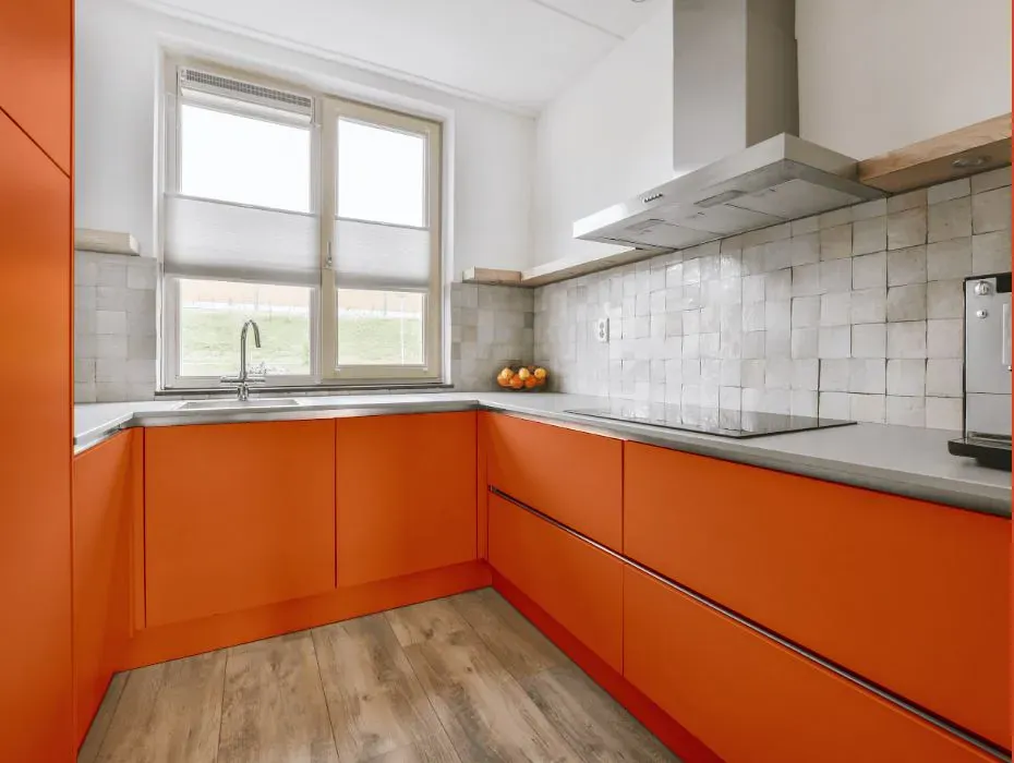 Sherwin Williams Knockout Orange small kitchen cabinets