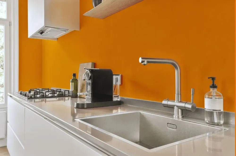 Sherwin Williams Laughing Orange kitchen painted backsplash